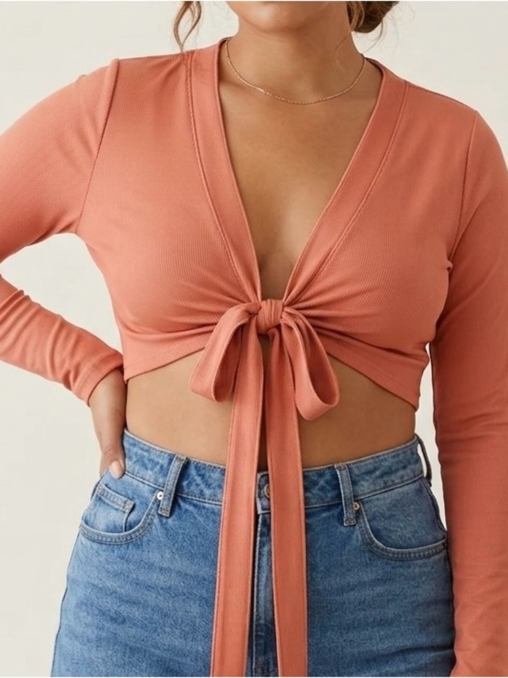 HYFVE Ribbed Tie-Front Crop Top - Rusty Coral